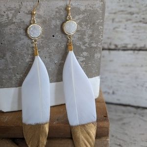 Gold dipped white geniune feather earrings